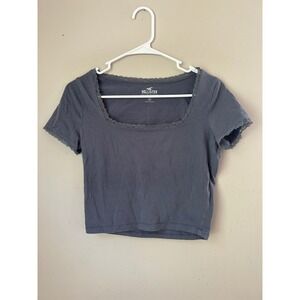 Hollister‎ Baby Tee Square Neck Lace Trim Gray Cropped Top Medium